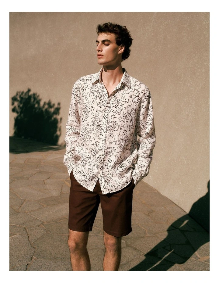Regular Fit Floral Linen Long Sleeve Shirt in White image 2