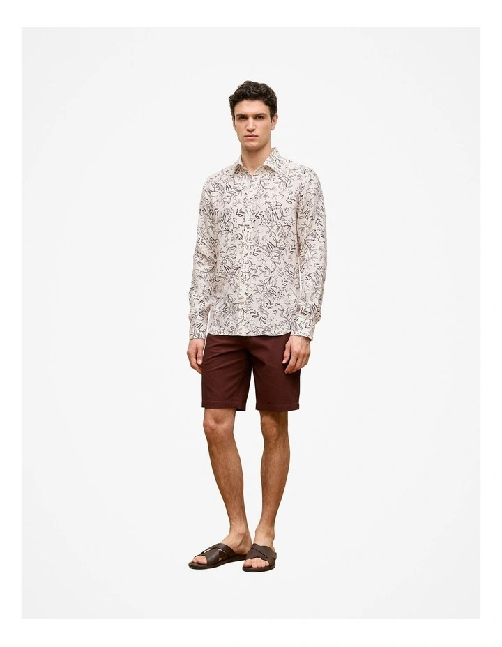 Regular Fit Floral Linen Long Sleeve Shirt in White image 3