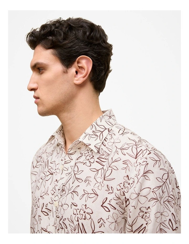 Regular Fit Floral Linen Long Sleeve Shirt in White image 4