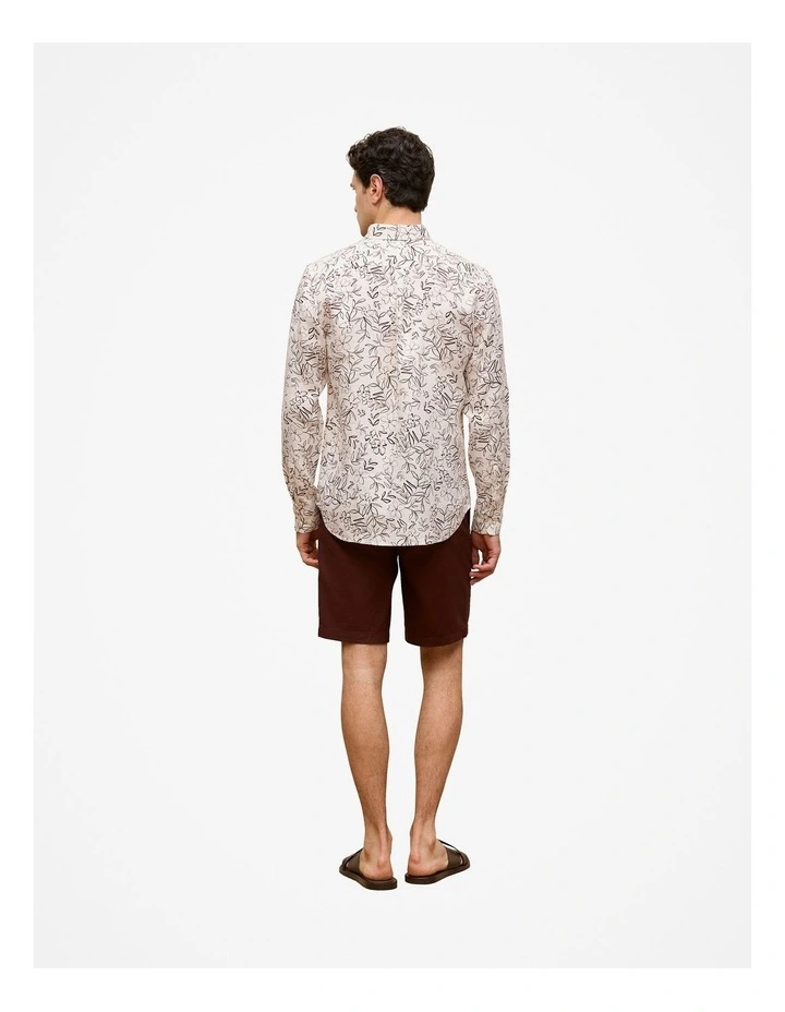 Regular Fit Floral Linen Long Sleeve Shirt in White image 5