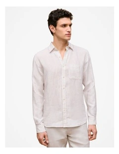 Regular Fit Fine Stripe Linen Long Sleeve Shirt in White