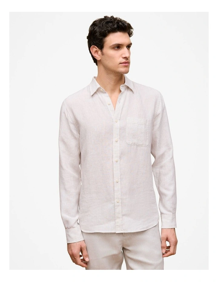 Regular Fit Fine Stripe Linen Long Sleeve Shirt in White image 1