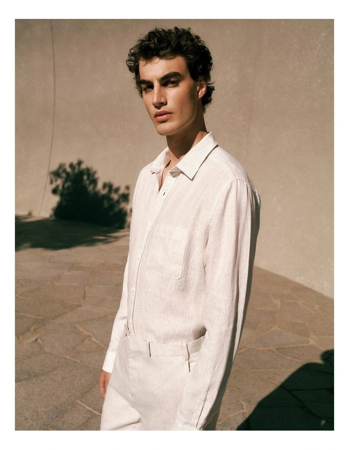 Regular Fit Fine Stripe Linen Long Sleeve Shirt in White image 2