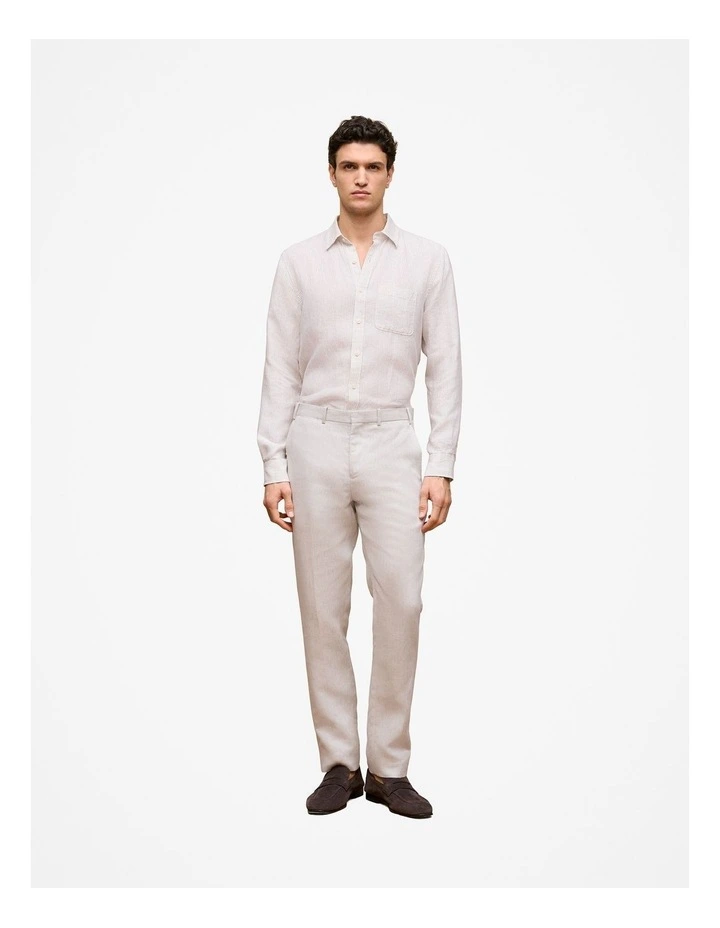 Regular Fit Fine Stripe Linen Long Sleeve Shirt in White image 3