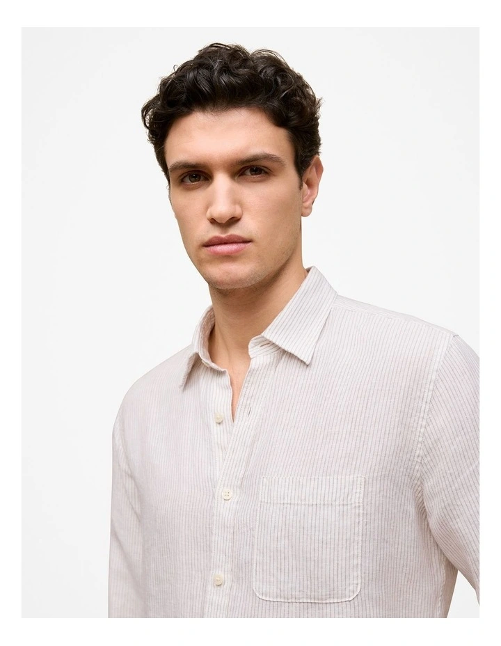 Regular Fit Fine Stripe Linen Long Sleeve Shirt in White image 4