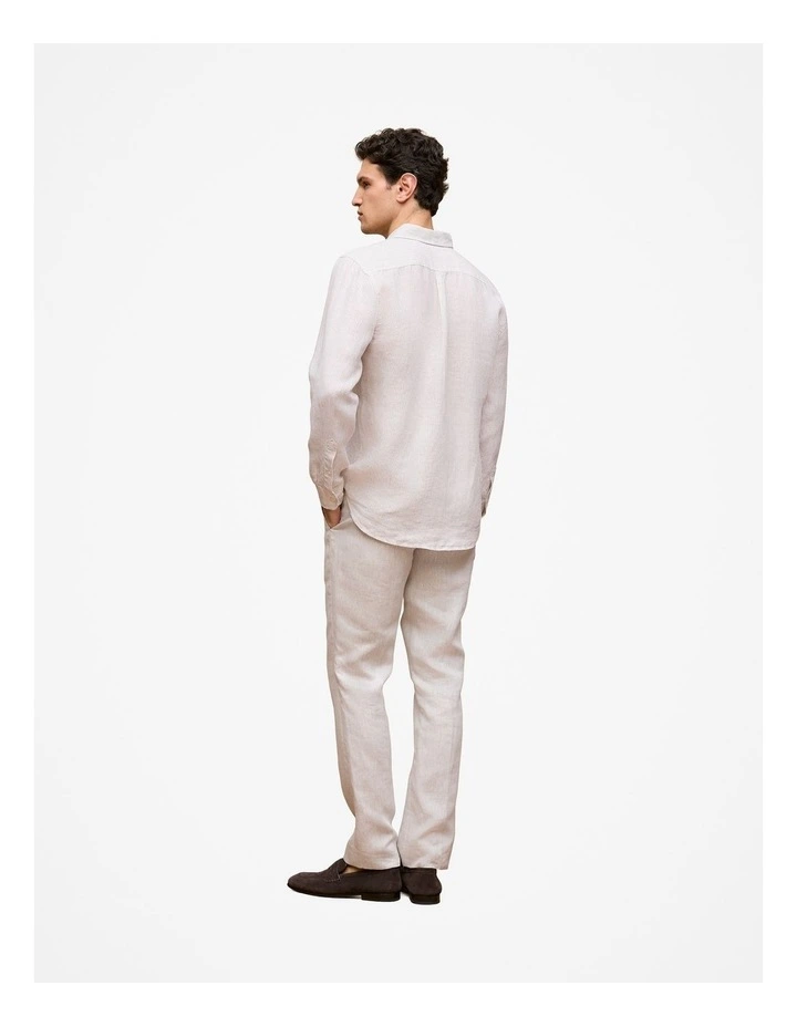 Regular Fit Fine Stripe Linen Long Sleeve Shirt in White image 5