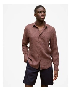 Regular Fit Fine Stripe Linen Long Sleeve Shirt in Espresso