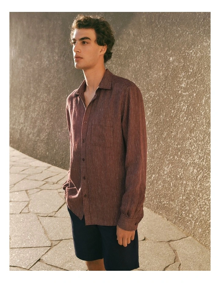 Regular Fit Fine Stripe Linen Long Sleeve Shirt in Espresso image 2