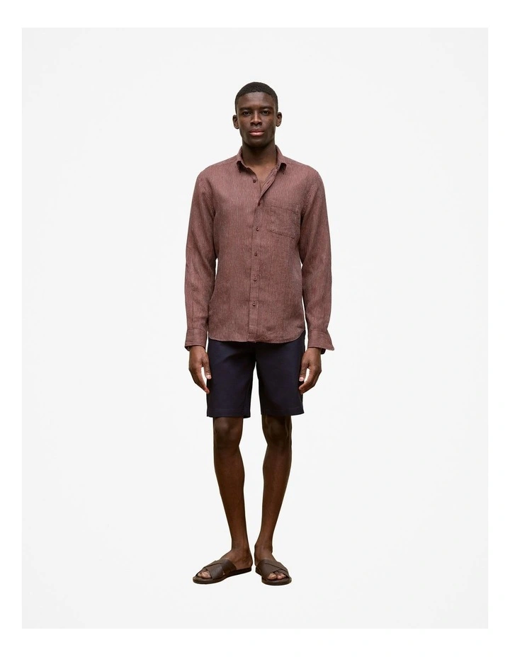 Regular Fit Fine Stripe Linen Long Sleeve Shirt in Espresso image 3