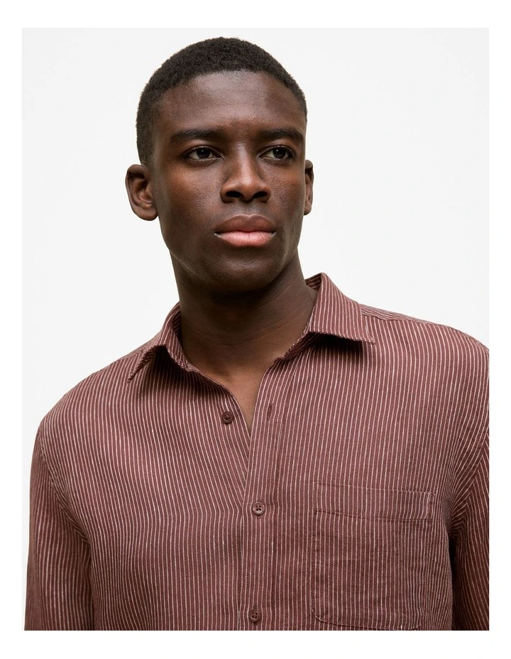 Regular Fit Fine Stripe Linen Long Sleeve Shirt in Espresso image 5