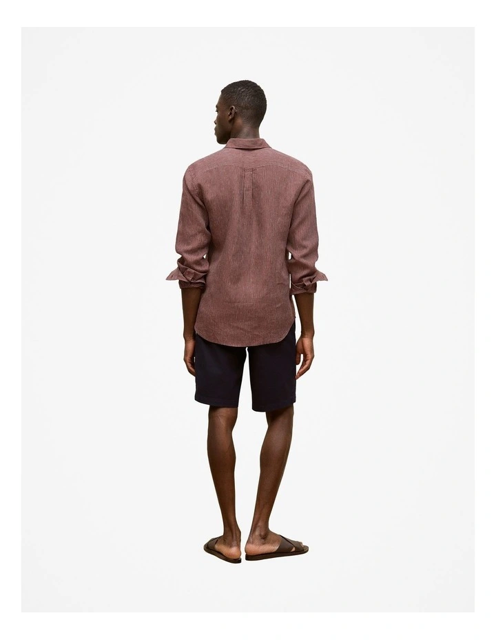 Regular Fit Fine Stripe Linen Long Sleeve Shirt in Espresso image 6