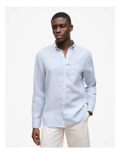 Regular Fit Glen Check Linen Long Sleeve Shirt in Ice Blue