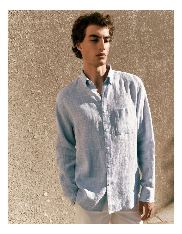 Regular Fit Glen Check Linen Long Sleeve Shirt in Ice Blue image 2