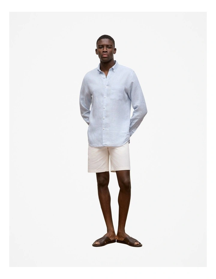 Regular Fit Glen Check Linen Long Sleeve Shirt in Ice Blue image 3