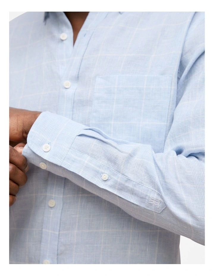 Regular Fit Glen Check Linen Long Sleeve Shirt in Ice Blue image 4