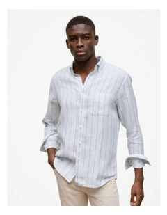 Regular Fit Candy Stripe Linen Long Sleeve Shirt in Ice Blue