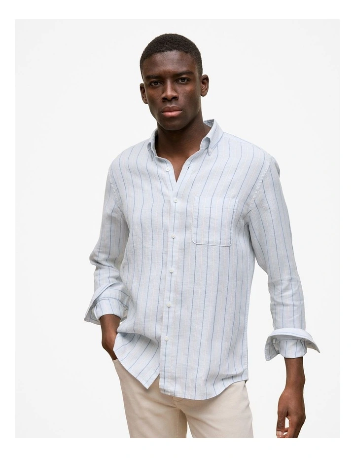 Regular Fit Candy Stripe Linen Long Sleeve Shirt in Ice Blue image 1