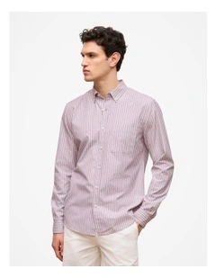 Regular Fit Poplin Stripe Long Sleeve Shirt in Deep Red