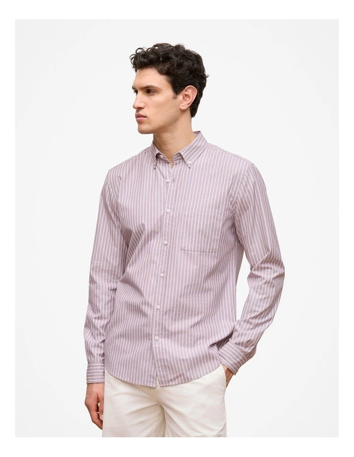 Regular Fit Poplin Stripe Long Sleeve Shirt in Deep Red image 1