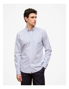 Regular Fit Poplin Stripe Long Sleeve Shirt in Ice Blue