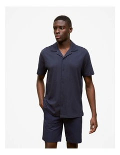Basketweave Cotton Camp Shirt in Navy