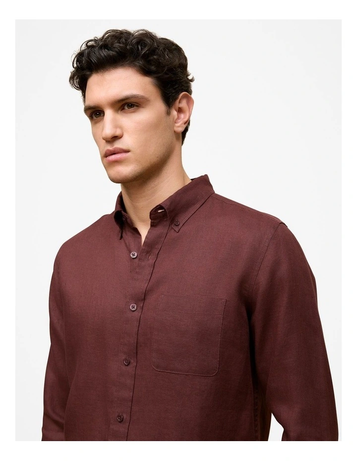 Regular Fit Linen Classic Long Sleeve Shirt in Espresso image 3