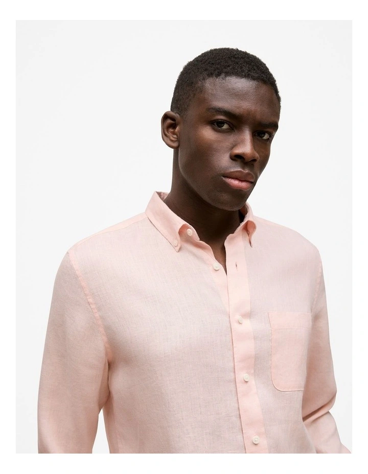Regular Fit Linen Classic Long Sleeve Shirt in Soft Pink image 3
