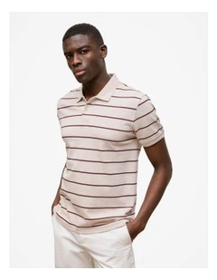 Pique Fine Stripe Monogram Polo Shirt in Stone