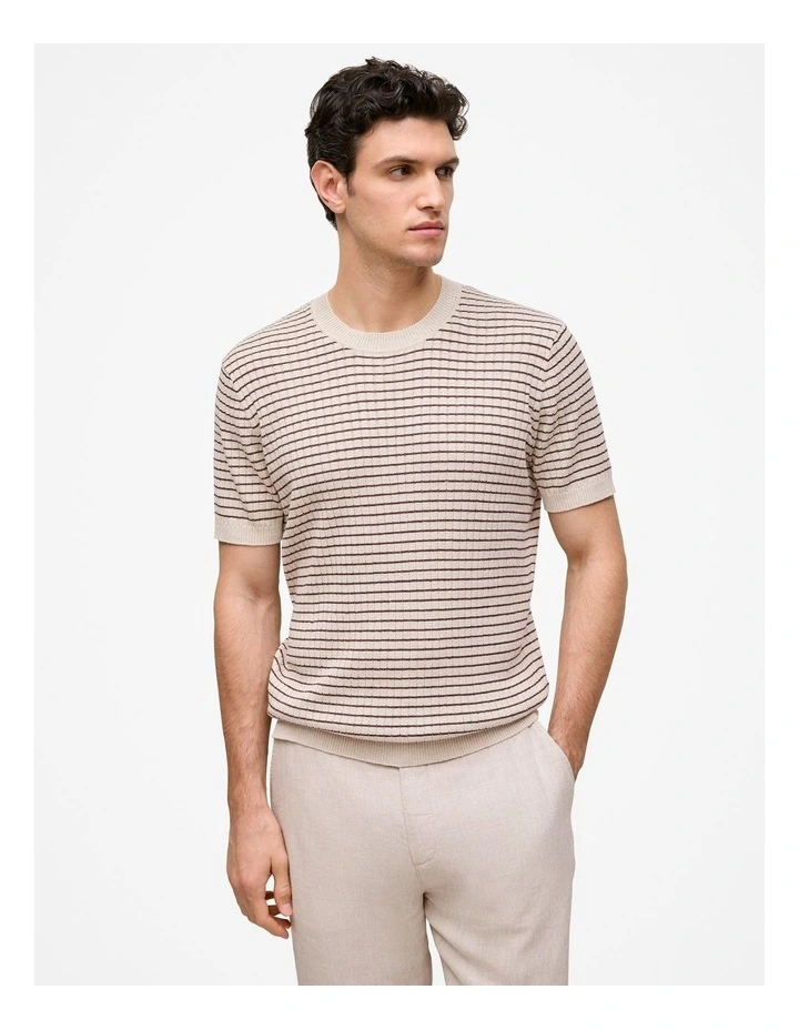 Linen Cotton Rib Stripe Knit T-shirt in Flax image 1