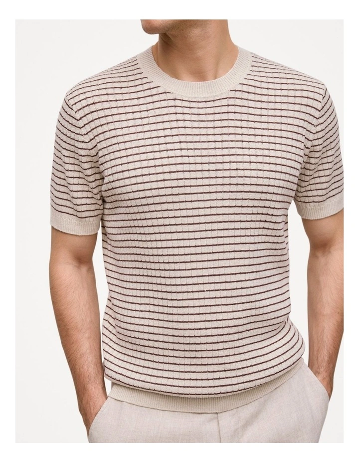 Linen Cotton Rib Stripe Knit T-shirt in Flax image 3