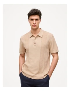 Mercerised Cotton Rib Detail Knit Polo in Sand