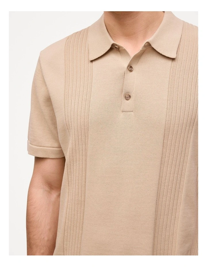 Mercerised Cotton Rib Detail Knit Polo in Sand image 3