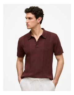Mercerised Cotton Rib Detail Knit Polo in Espresso