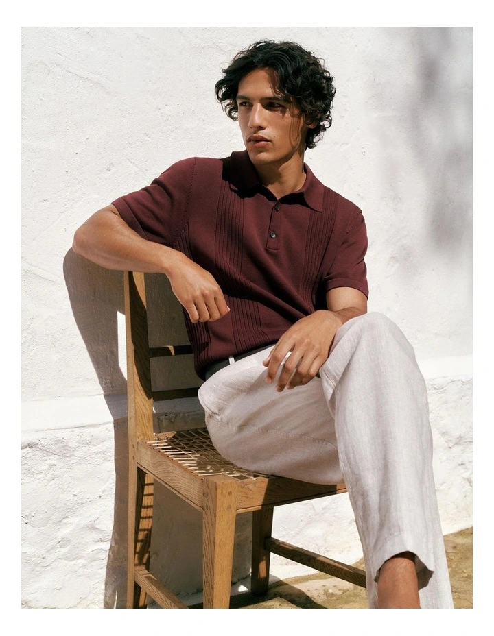 Mercerised Cotton Rib Detail Knit Polo in Espresso image 2