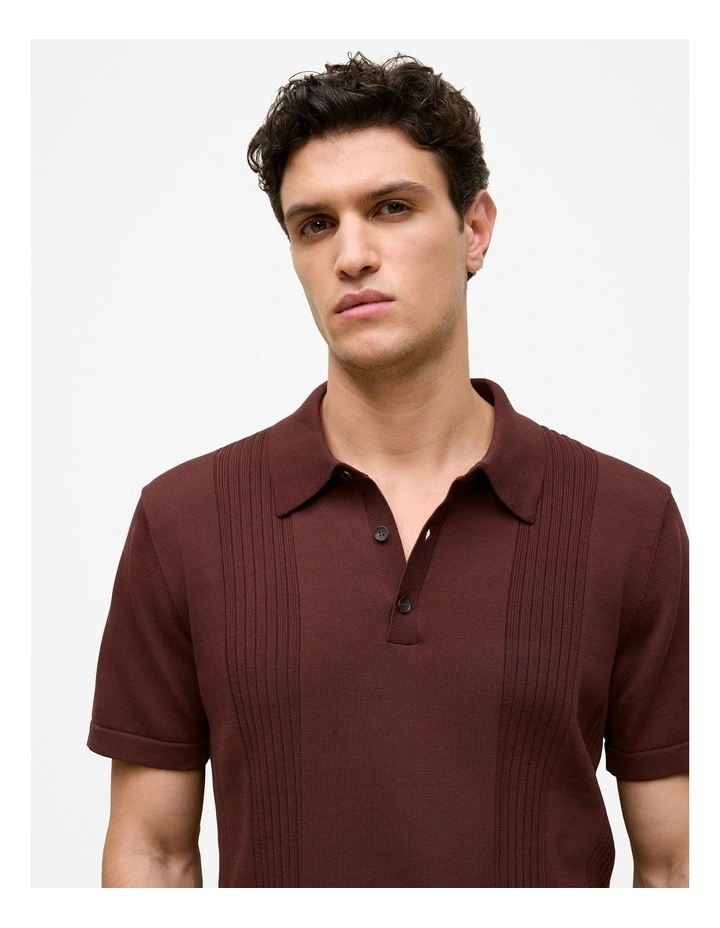 Mercerised Cotton Rib Detail Knit Polo in Espresso image 4