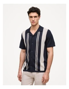 Linen Cotton Stripe Intarsia Knit Shirt in Navy
