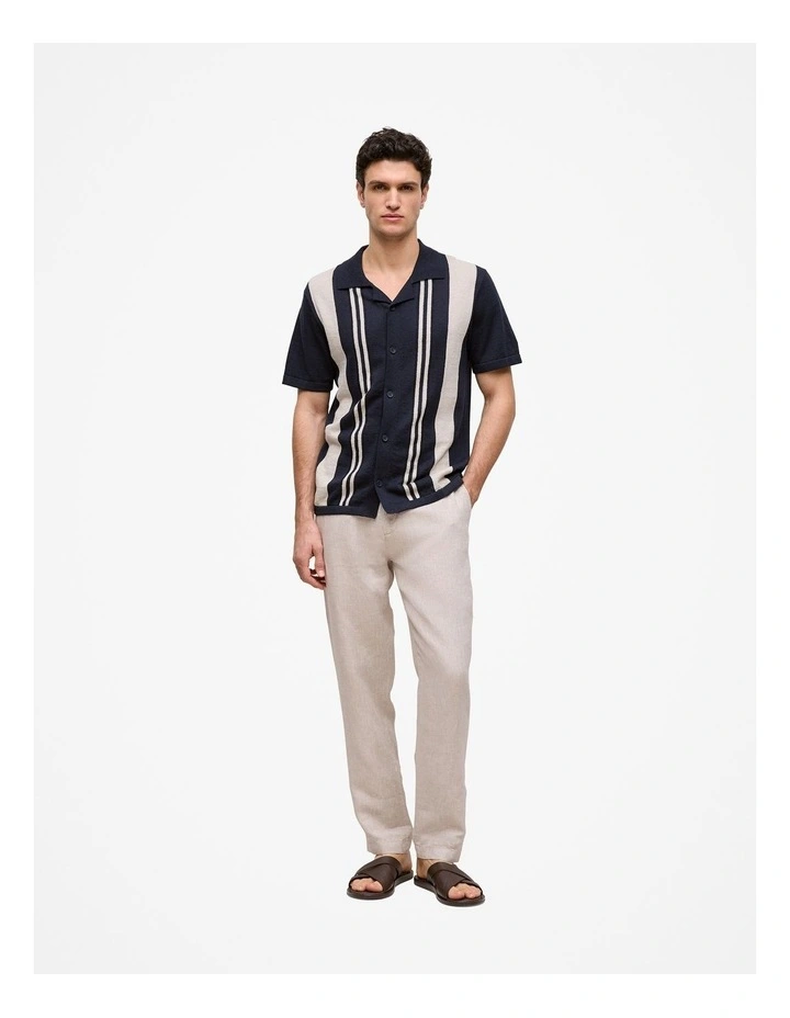 Linen Cotton Stripe Intarsia Knit Shirt in Navy image 2