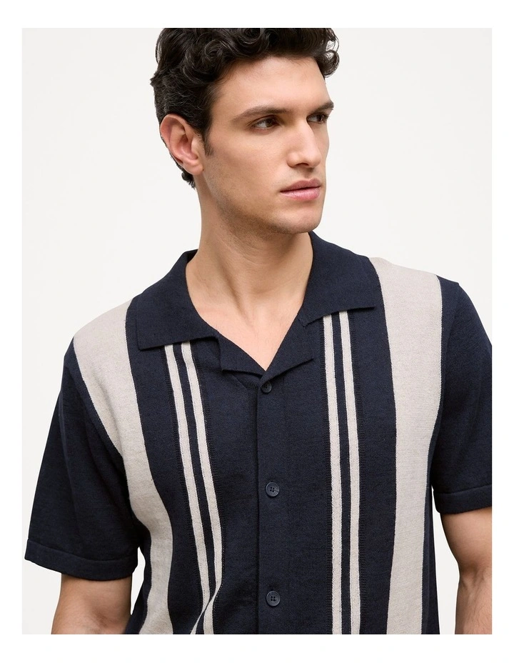 Linen Cotton Stripe Intarsia Knit Shirt in Navy image 3