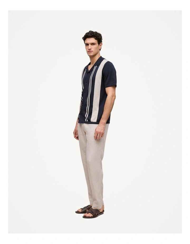 Linen Cotton Stripe Intarsia Knit Shirt in Navy image 4