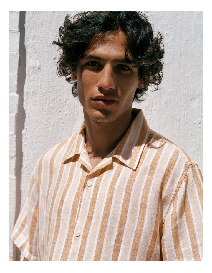Linen Tent Stripe Camp Shirt in Sand image 2