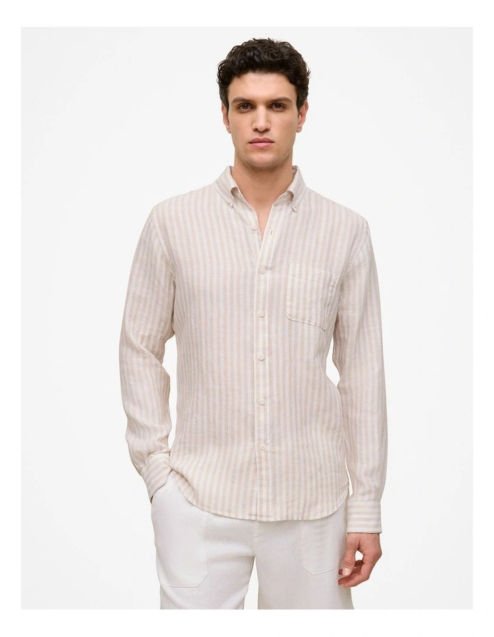 Regular Fit Linen Bengal Stripe Shirt in Sand image 1