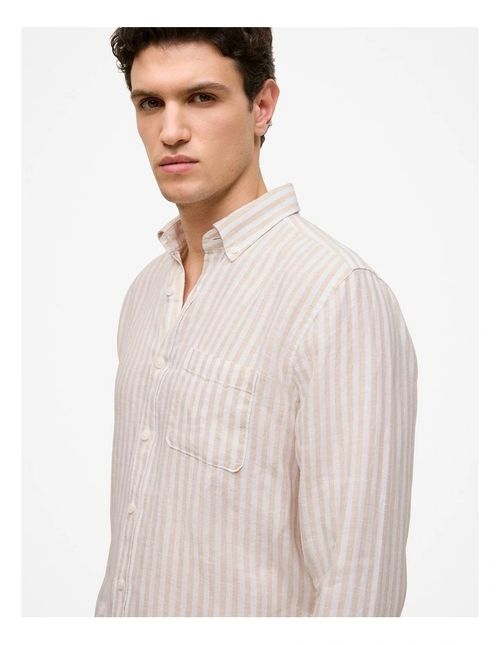 Regular Fit Linen Bengal Stripe Shirt in Sand image 3