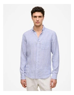 Regular Fit Linen Bengal Stripe Shirt in Vivid Blue