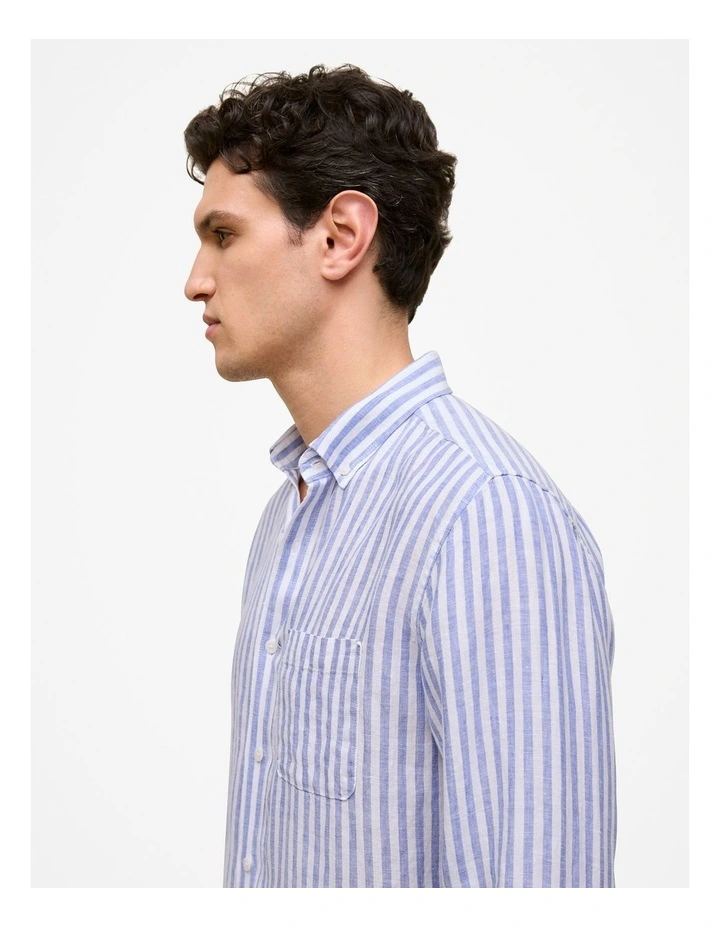 Regular Fit Linen Bengal Stripe Shirt in Vivid Blue image 3