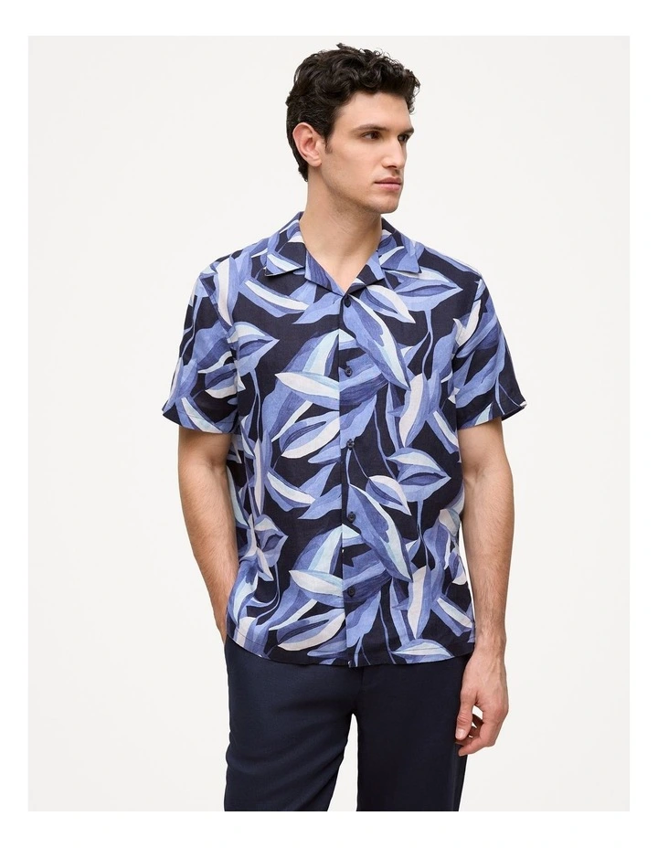 Painted Leaf Linen Camp Shirt in Navy image 1