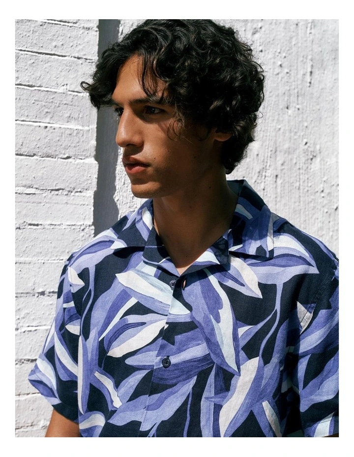 Painted Leaf Linen Camp Shirt in Navy image 2