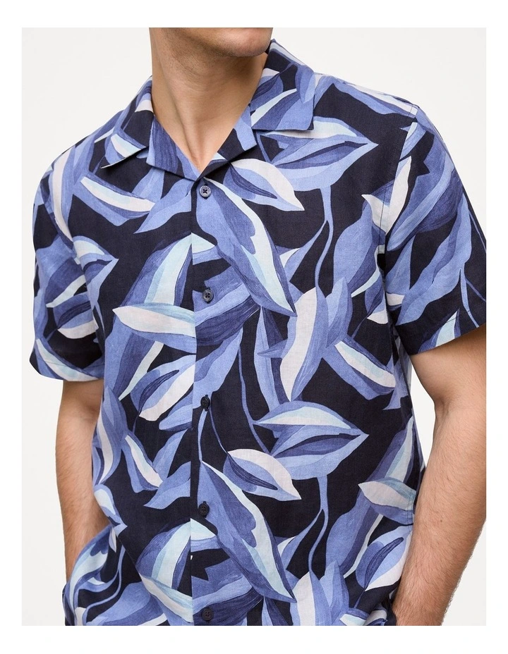 Painted Leaf Linen Camp Shirt in Navy image 4
