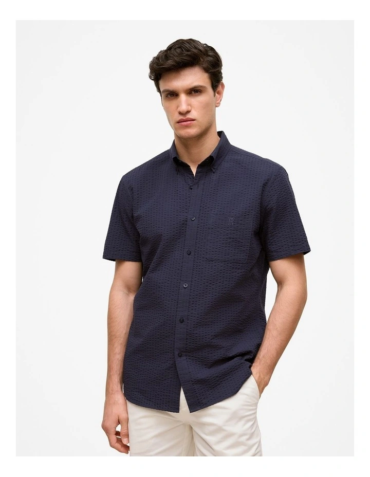 Regular Fit Seersucker Stripe Pocket Shirt in Navy image 1