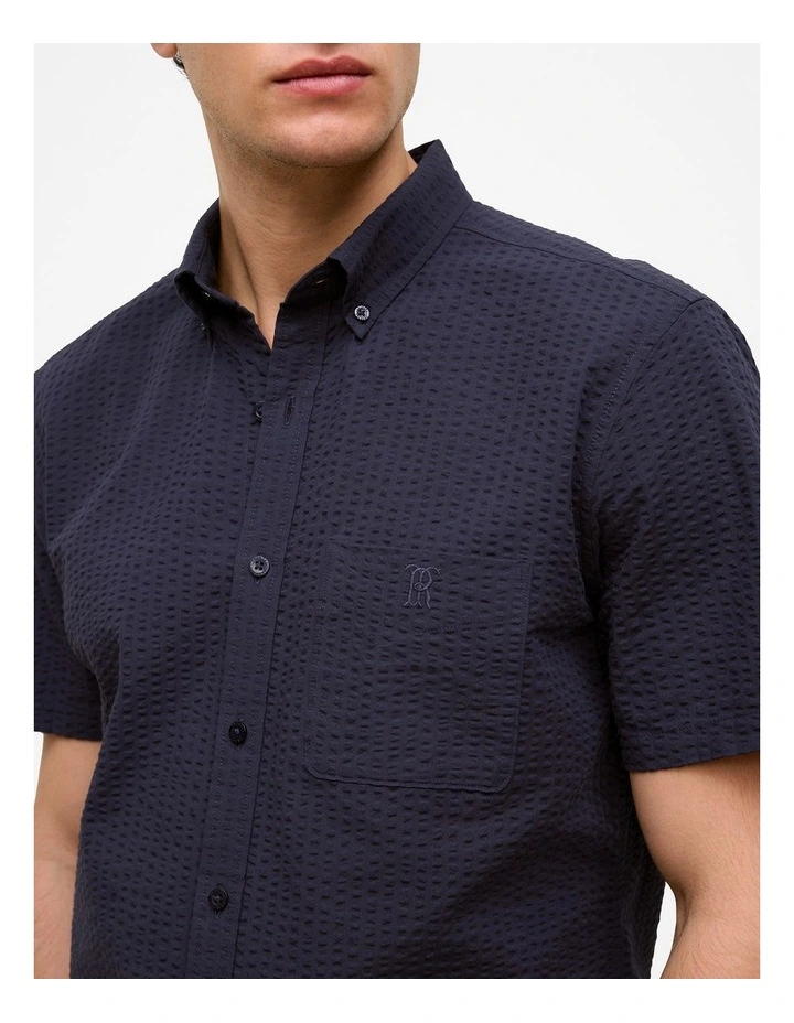 Regular Fit Seersucker Stripe Pocket Shirt in Navy image 3