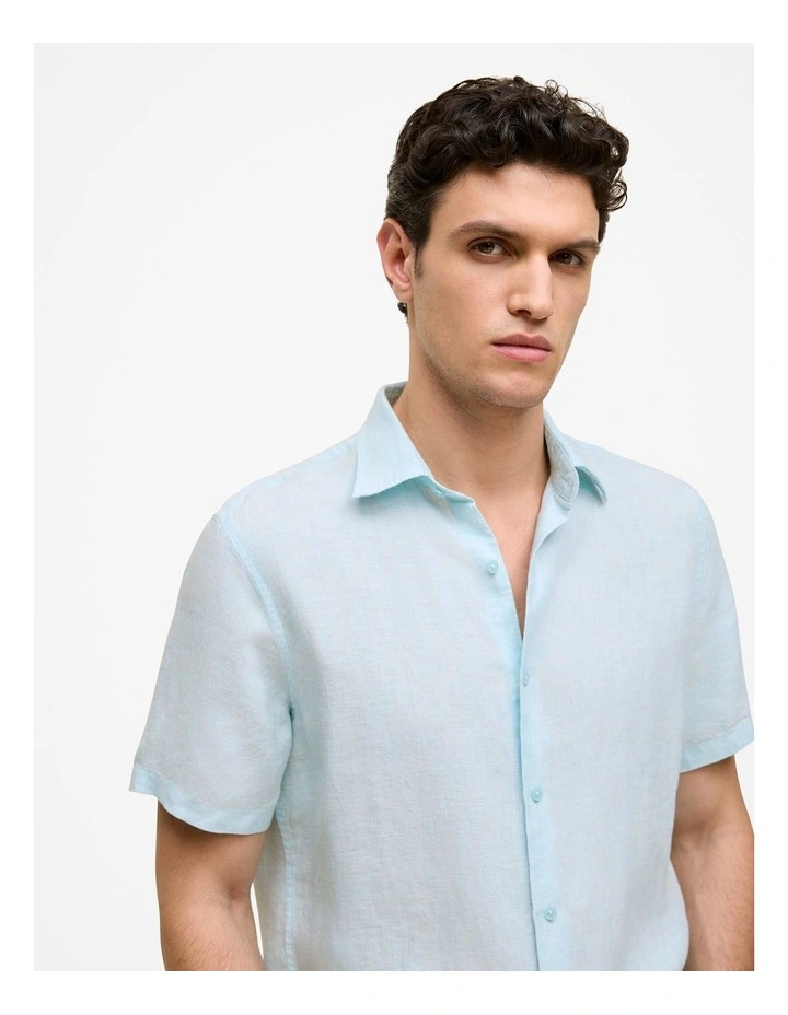 Regular Fit Linen Short Sleeve Shirt in Pastel Blue image 3